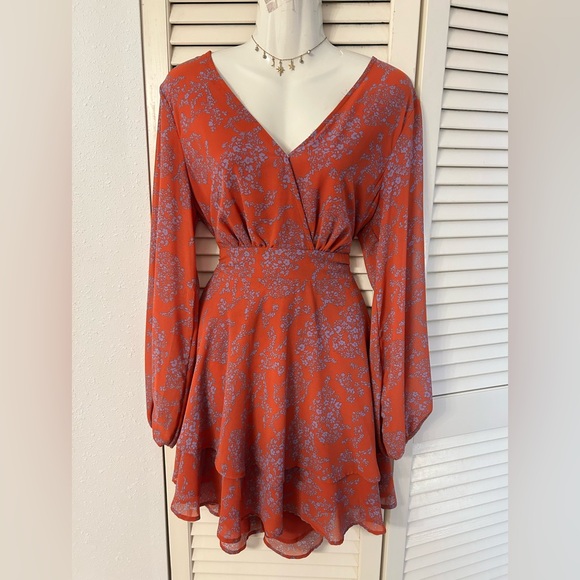 Floral Wrap Dress in Rust and Blue - Picture 4 of 6